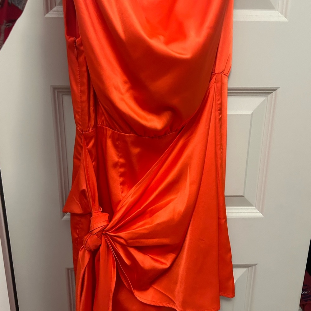 RNWY Satin Orange Dress with Knot Detail